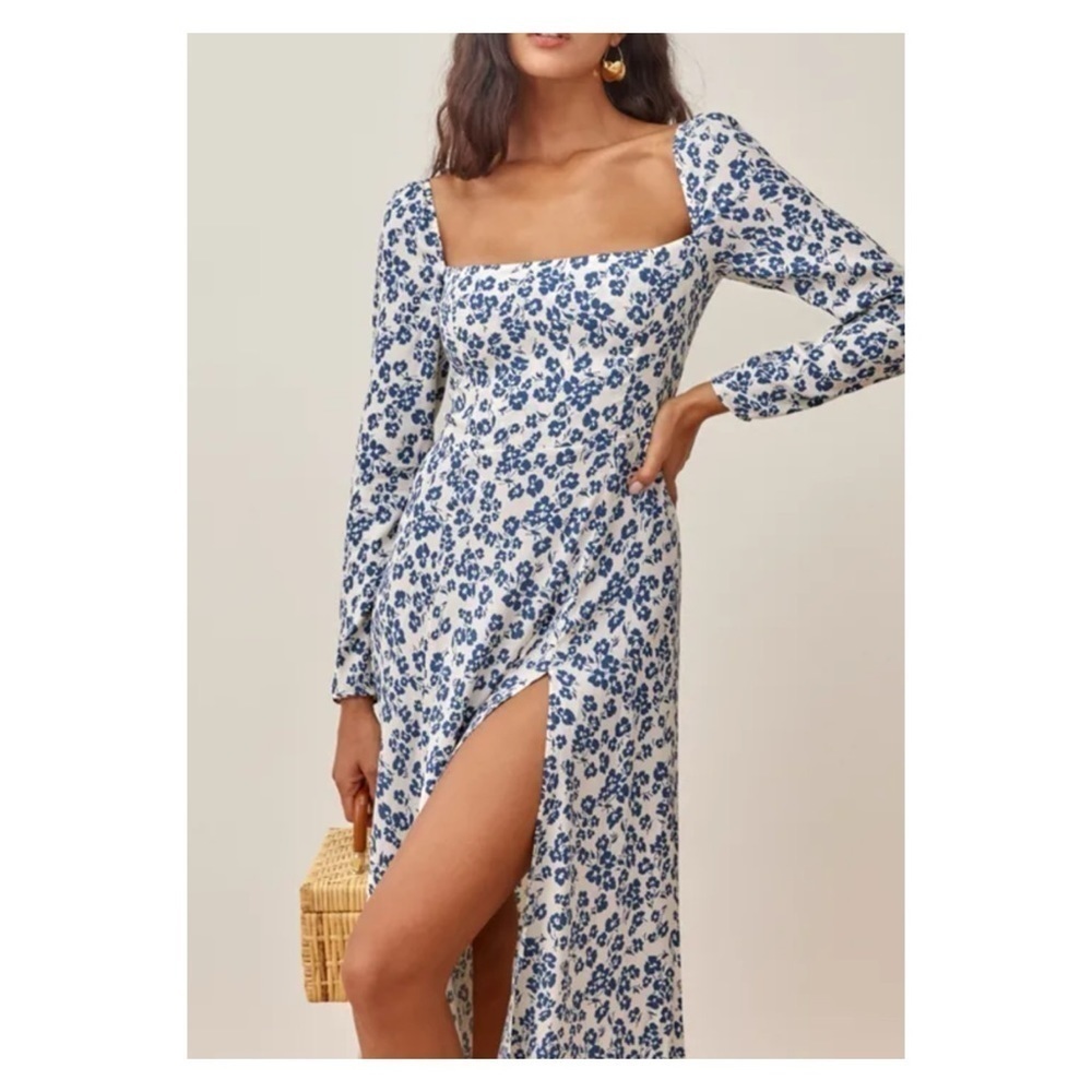 REFORMATION Sigmund Milonesa Blue White Floral Long Sleeve Slit Midi Dress Sz 24 - Picture 7 of 15